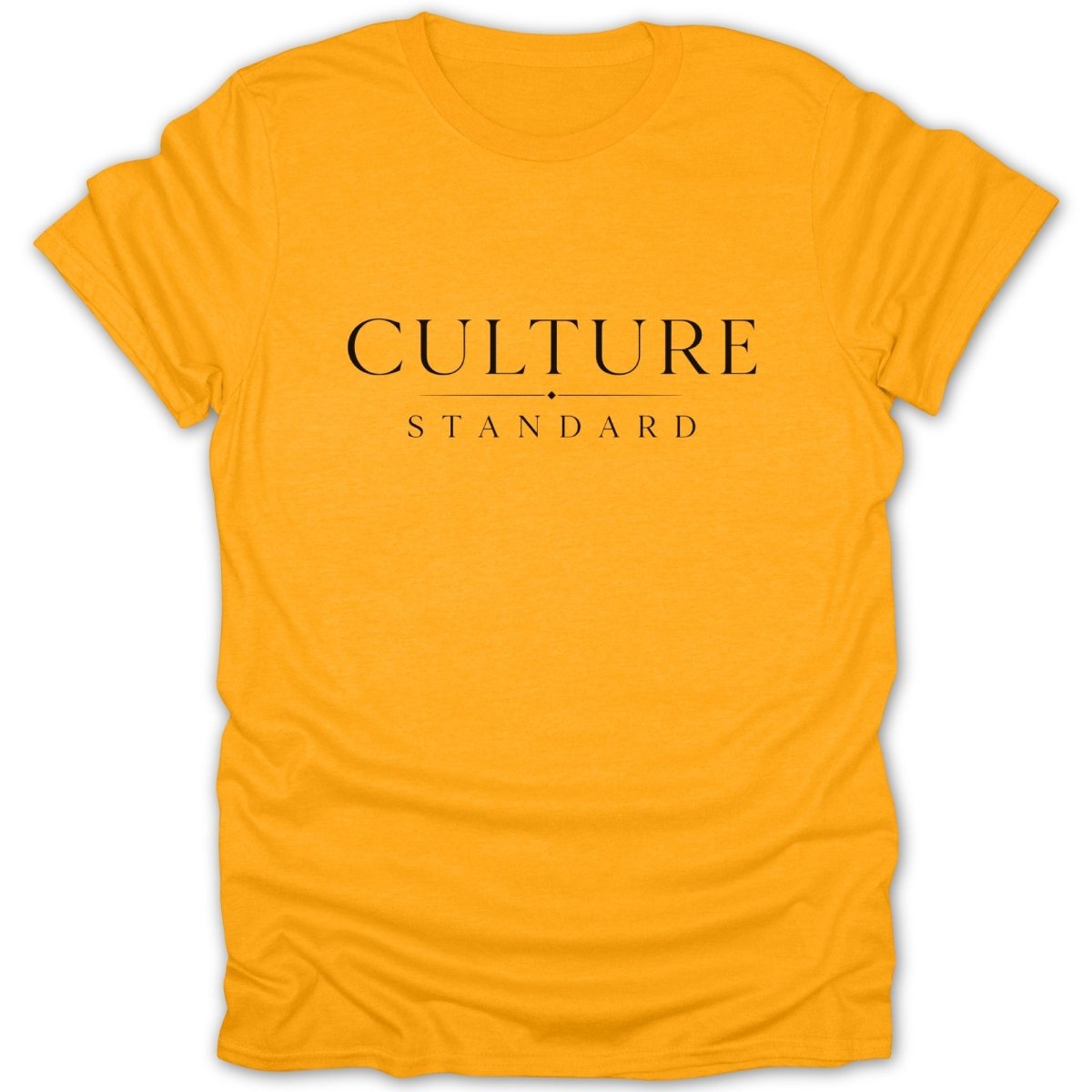 Orange t-shirt with black text "CULTURE STANDARD" printed on the front.