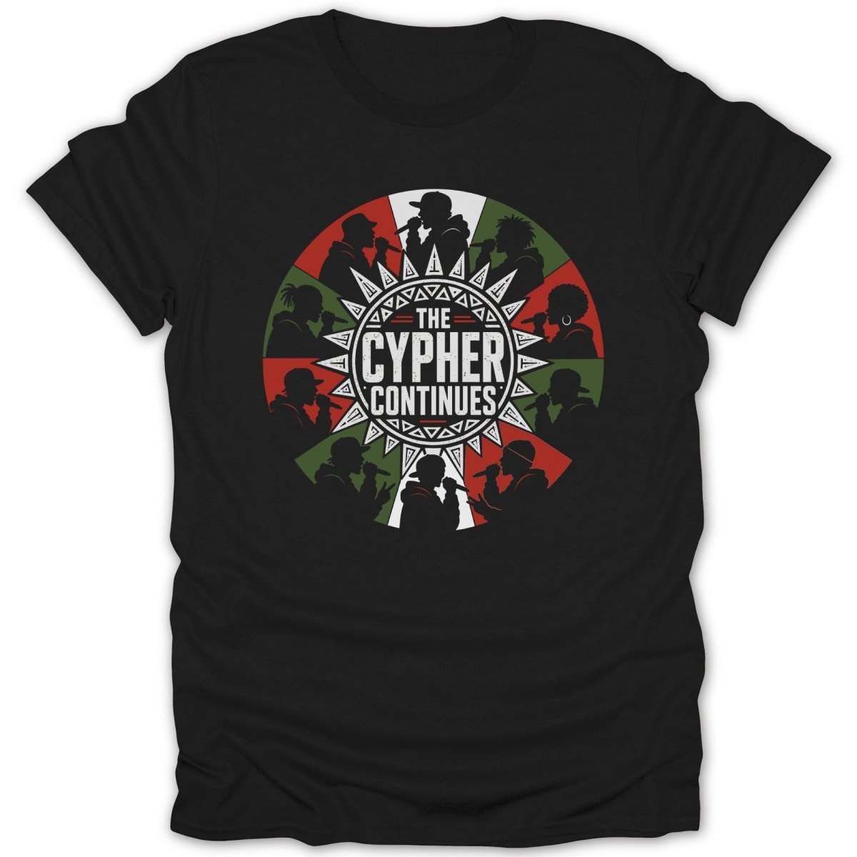 Black t-shirt with a circular graphic featuring rapper silhouettes and "The Cypher Continues" text.