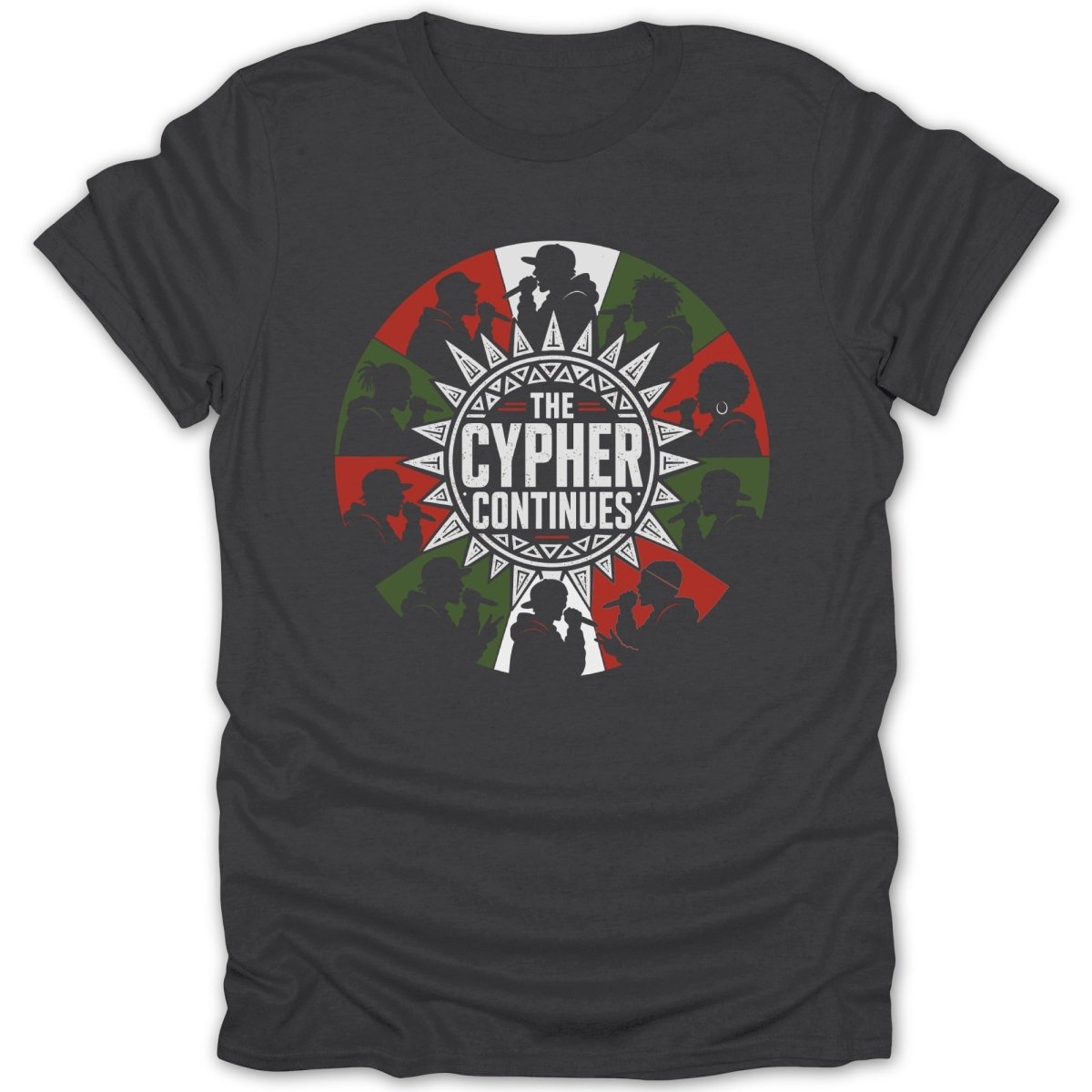 Graphic t-shirt with central circular design featuring "THE CYPHER CONTINUES" and artist silhouettes.