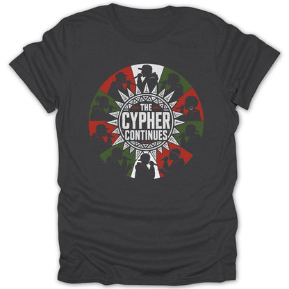 Graphic t-shirt with central circular design featuring "THE CYPHER CONTINUES" and artist silhouettes.
