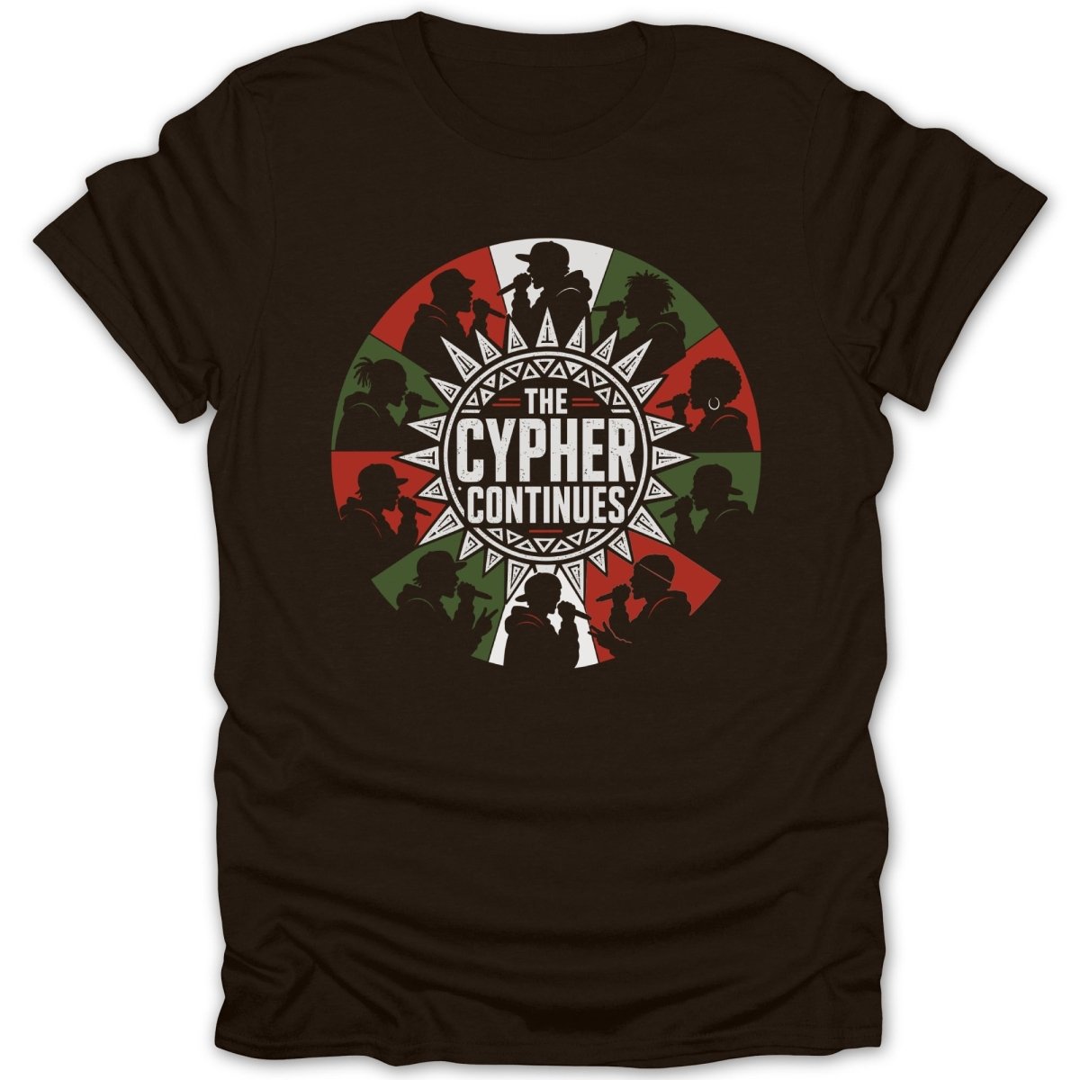 Brown t-shirt with circular design of silhouettes rapping and text "The Cypher Continues".