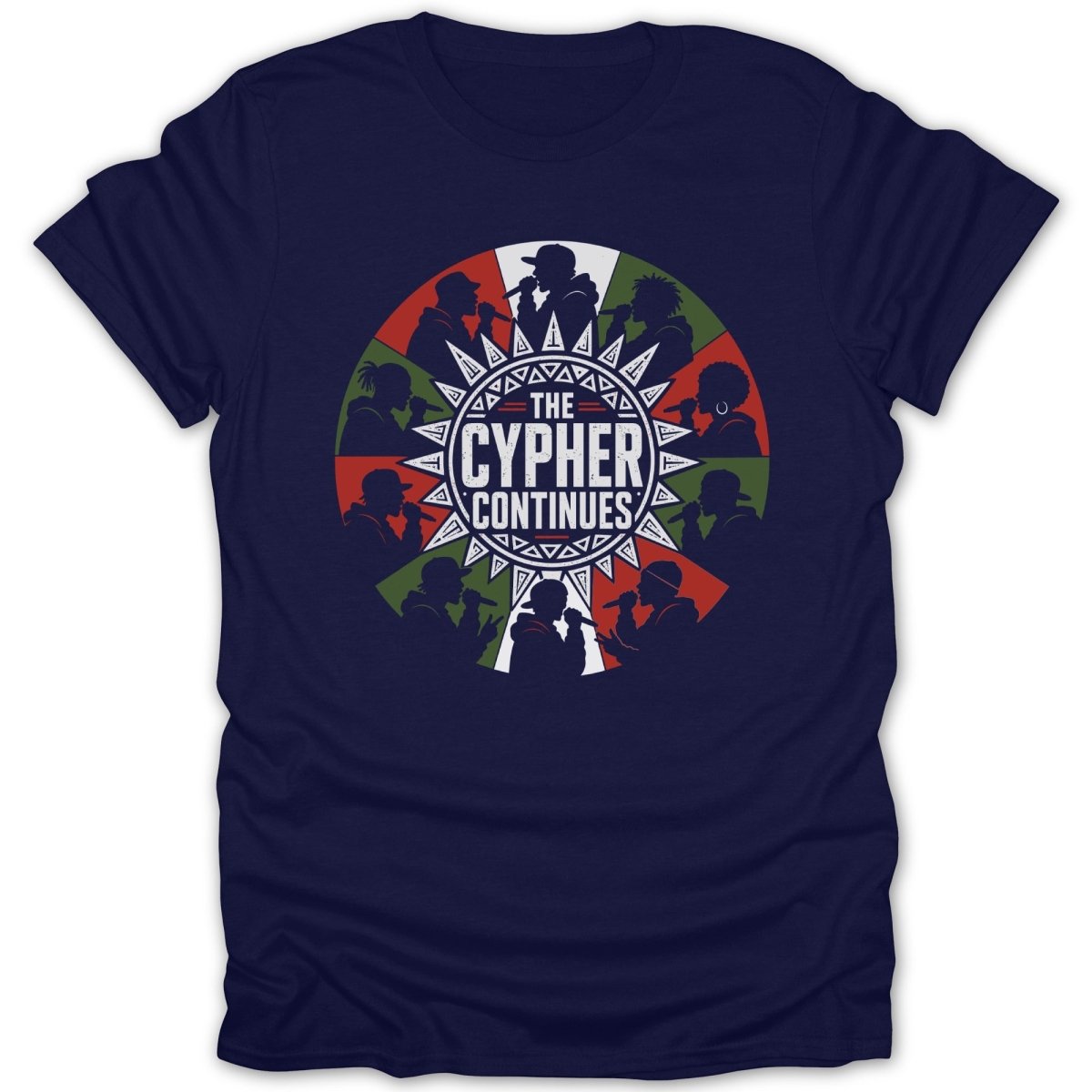 The cypher continues graphic on a navy t-shirt with silhouettes of rappers.