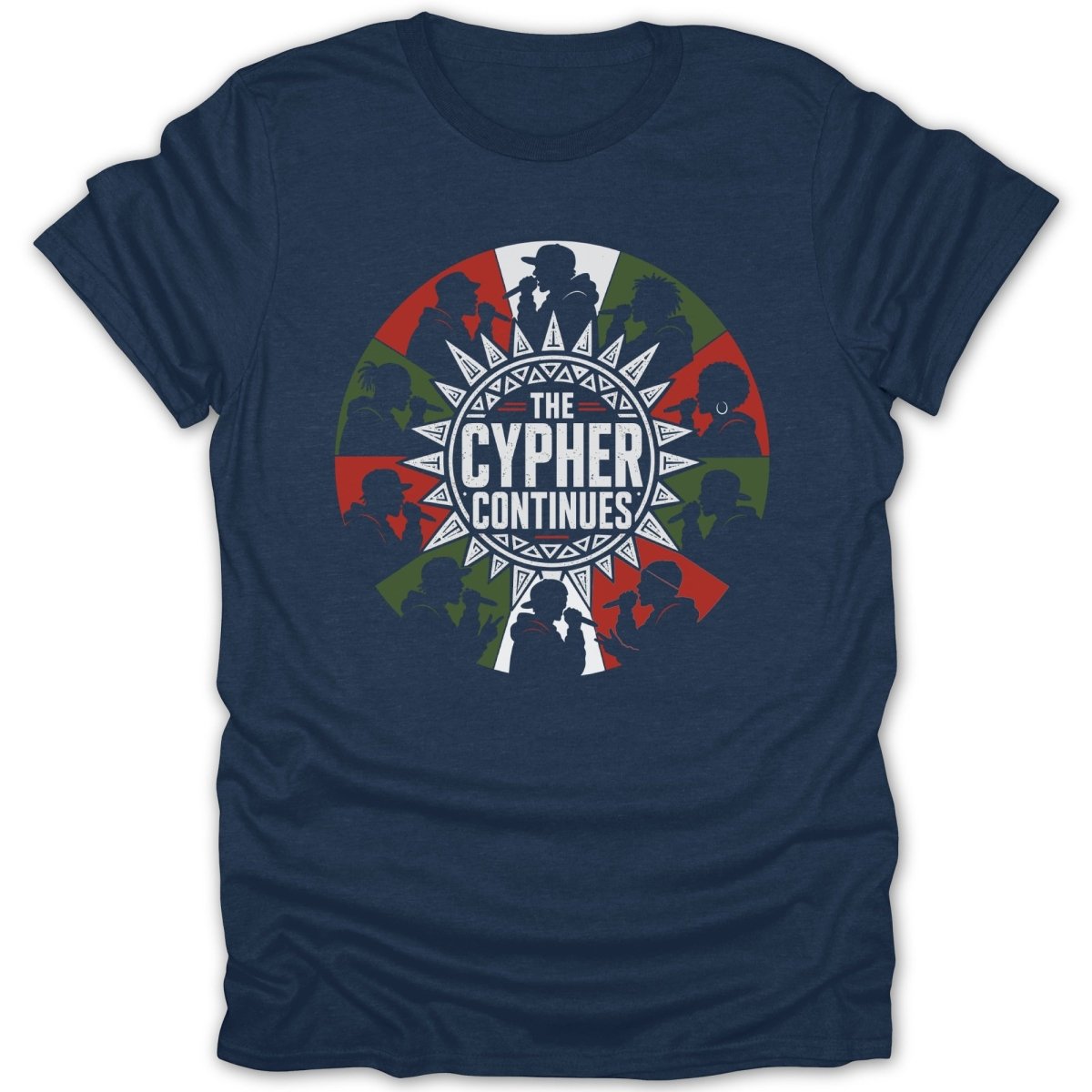 Dark blue t-shirt with a circular graphic of silhouetted rappers and the text "THE CYPHER CONTINUES".