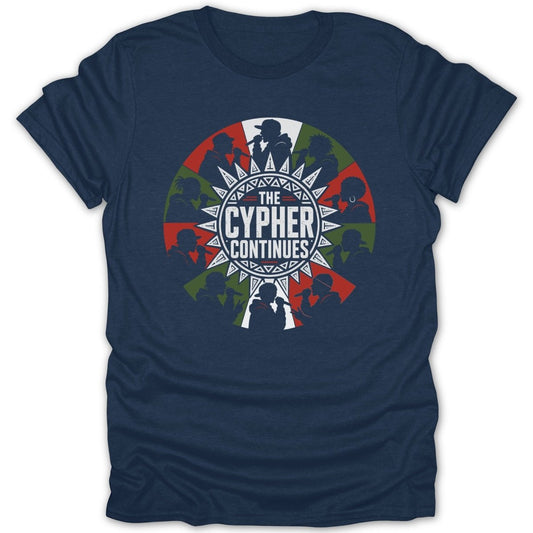 Dark blue t-shirt with a circular graphic of silhouetted rappers and the text "THE CYPHER CONTINUES".