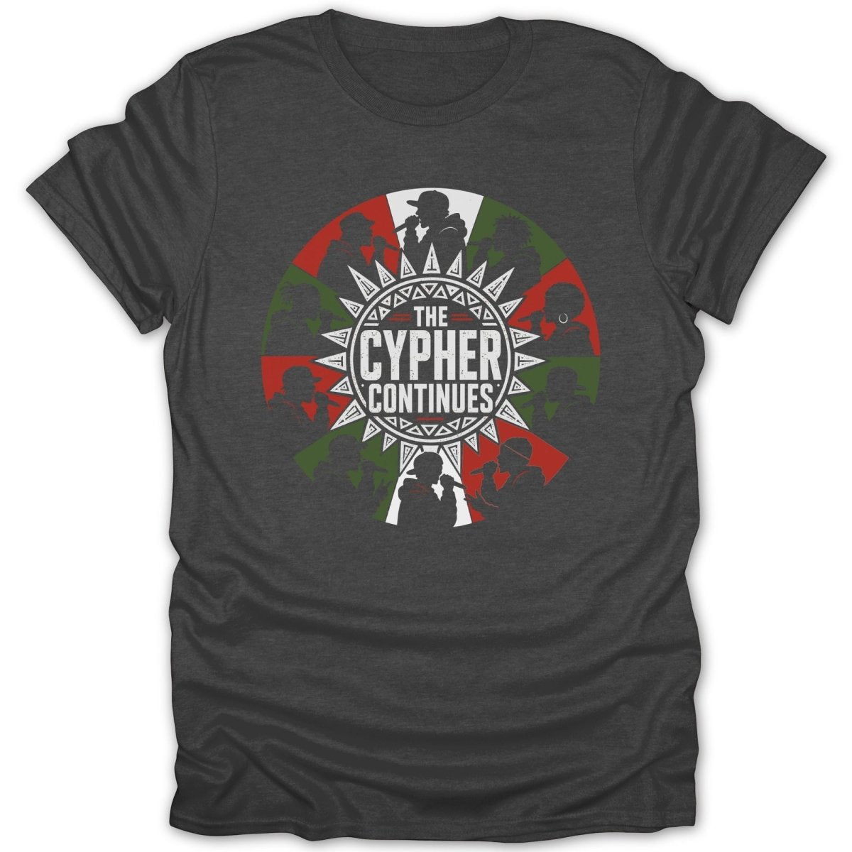 Dark grey t-shirt with "The Cypher Continues" graphic and silhouette performers.