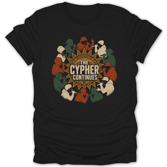 Graphic t-shirt with silhouettes of rappers and text "The Cypher Continues".
