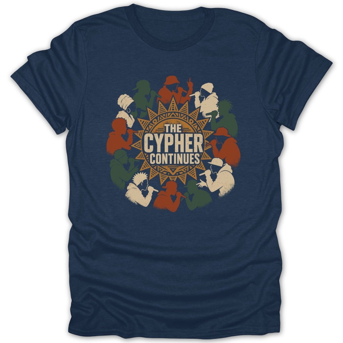 Navy t-shirt with a circular design of hip hop artists and the text "The Cypher Continues".