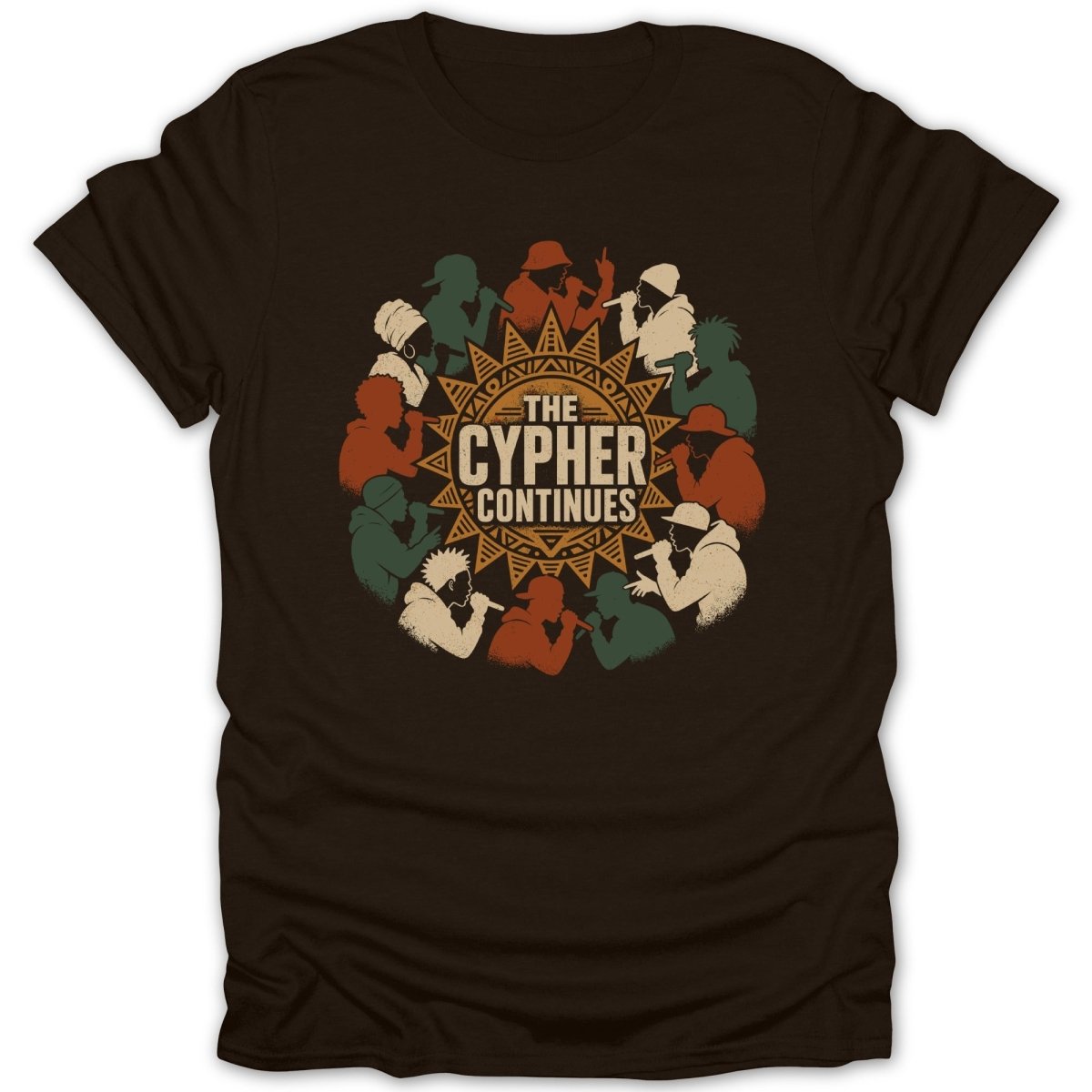 Brown t-shirt with the text "The Cypher Continues" and silhouettes of rappers.