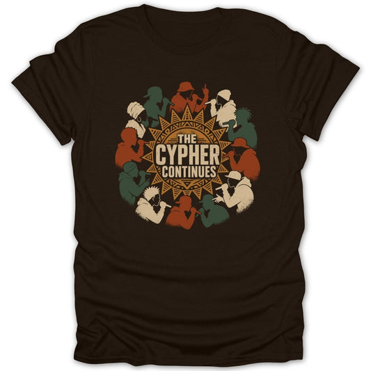 Brown t-shirt with the text "The Cypher Continues" and silhouettes of rappers.