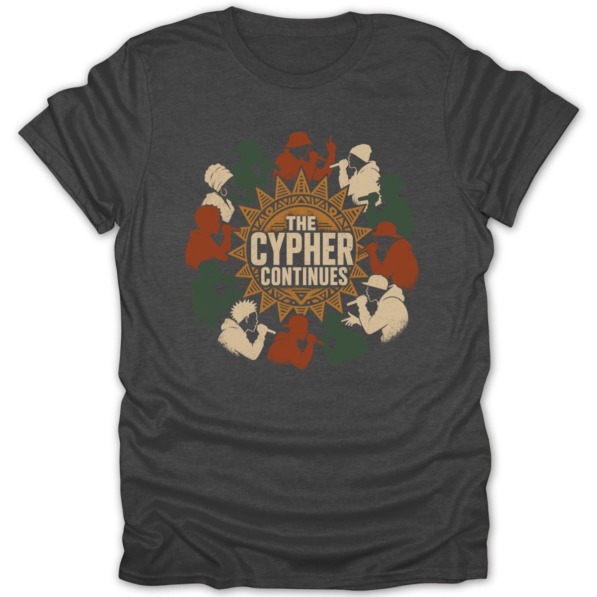 Silhouettes of rappers circle a sunburst graphic with text "THE CYPHER CONTINUES".