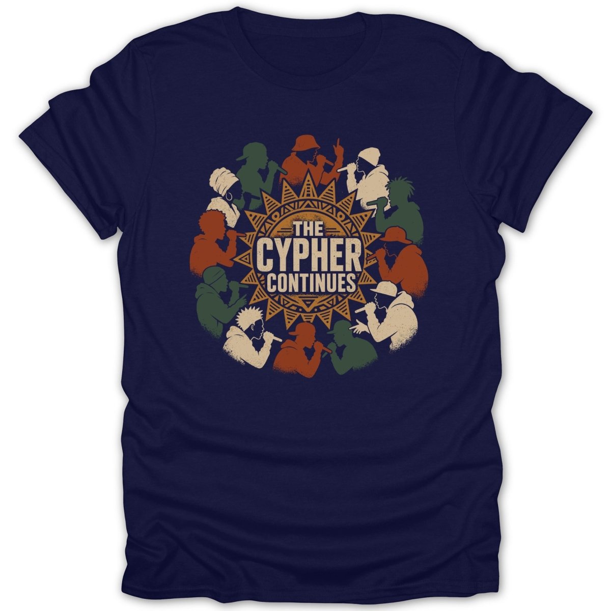 Navy t-shirt with a circular graphic of diverse figures holding microphones and the text "THE CYPHER CONTINUES".