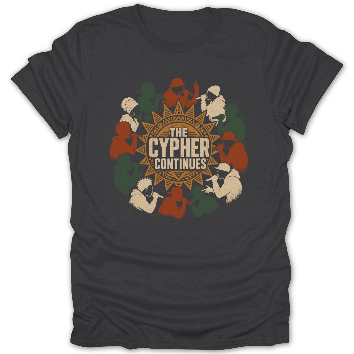 Dark t-shirt with circular graphic of people rapping and text "THE CYPHR CONTINUES."