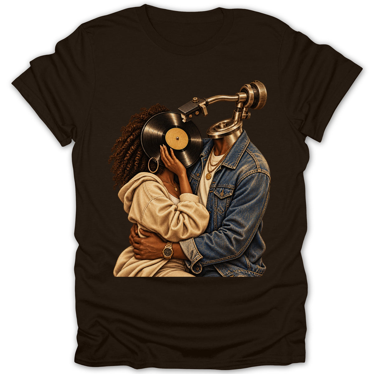 Couple embracing, one person with a record player for a head, holding a vinyl record.