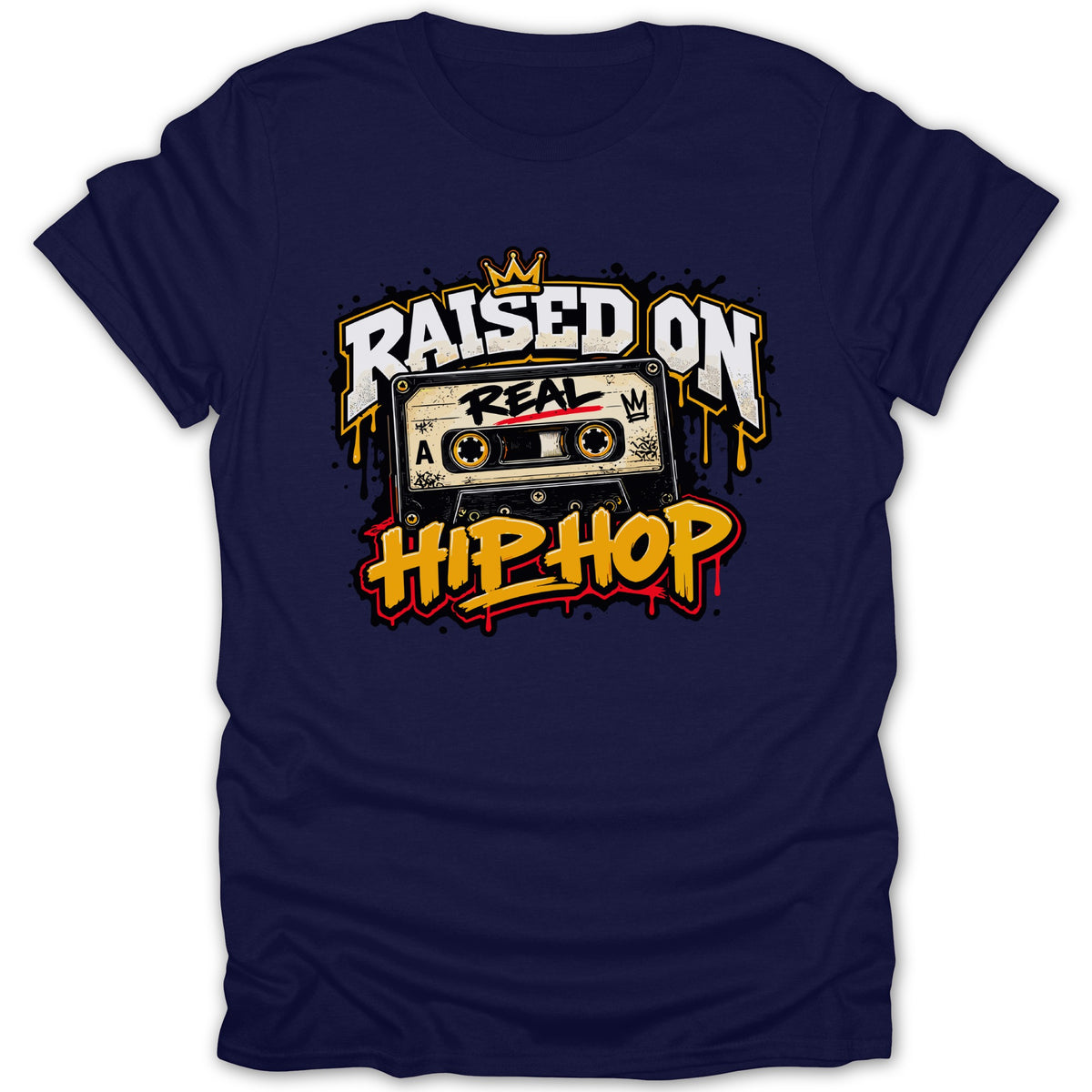 Navy t-shirt with "Raised on Real Hip Hop" text and cassette tape graphic.