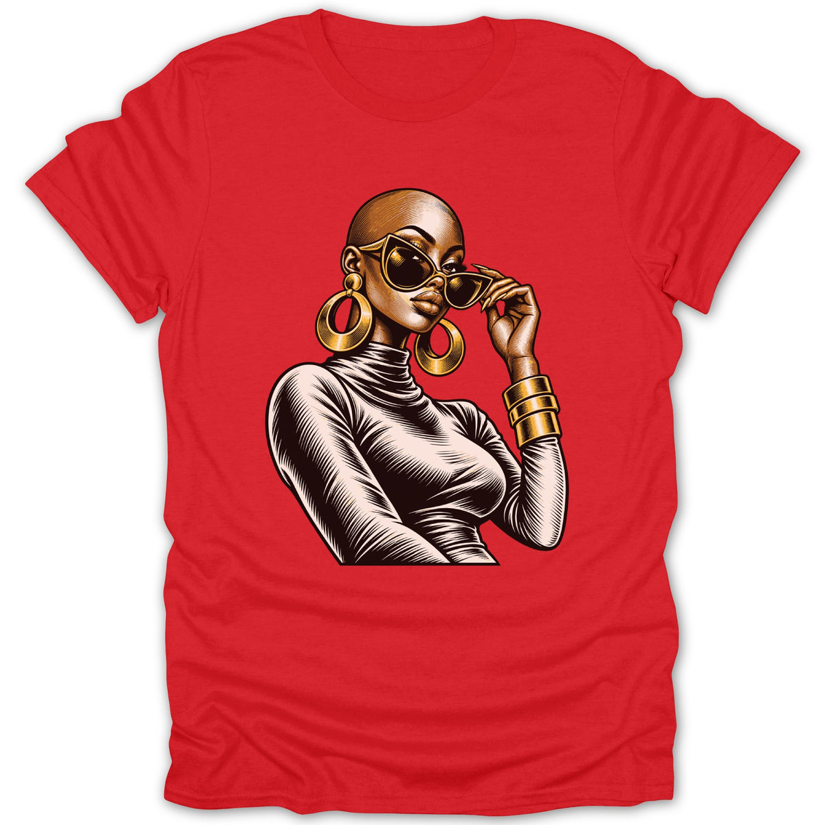 Red t-shirt with a graphic of a bald woman wearing sunglasses and gold jewelry.