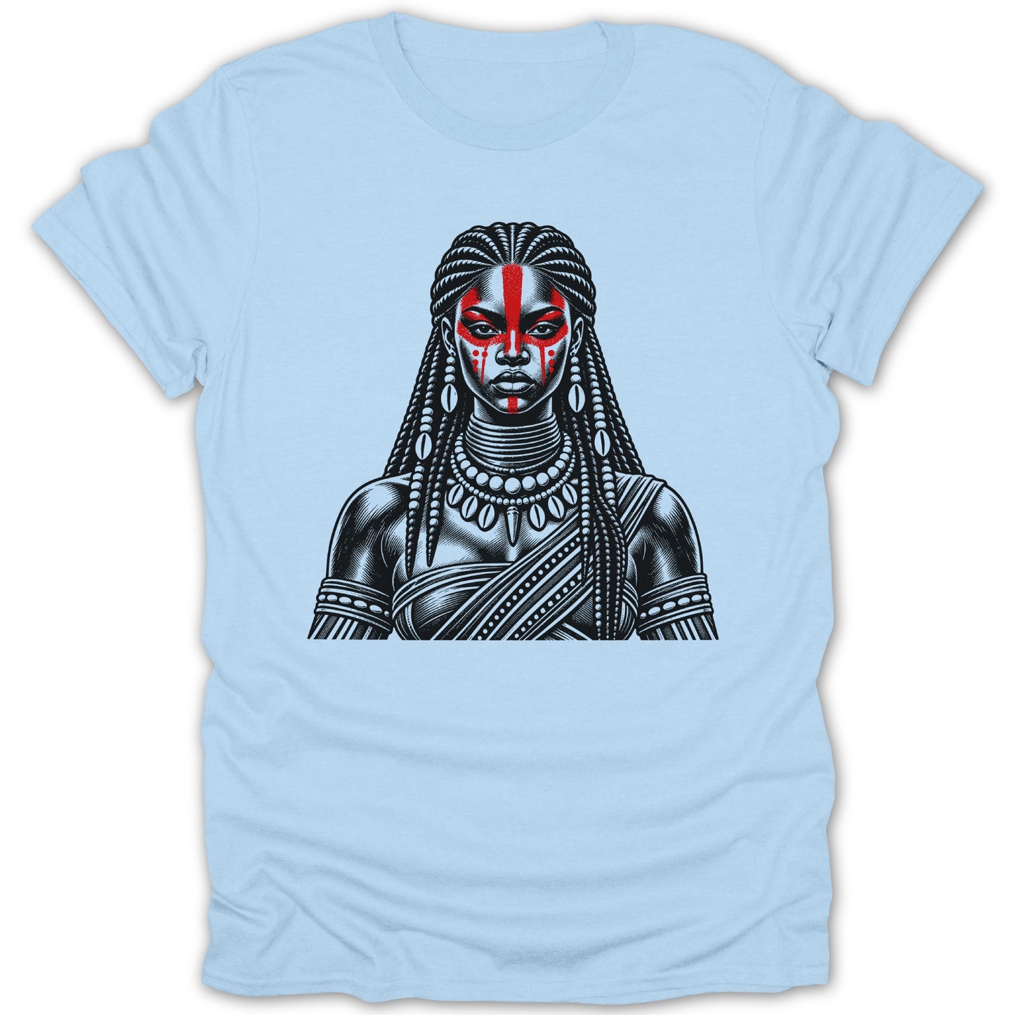 T-shirt with black and white illustration of woman with red face markings and braids.
