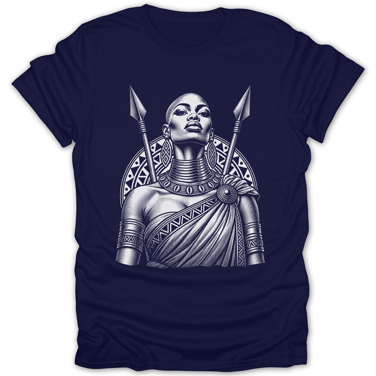 T-shirt with a black and white illustration of a warrior woman with spears.