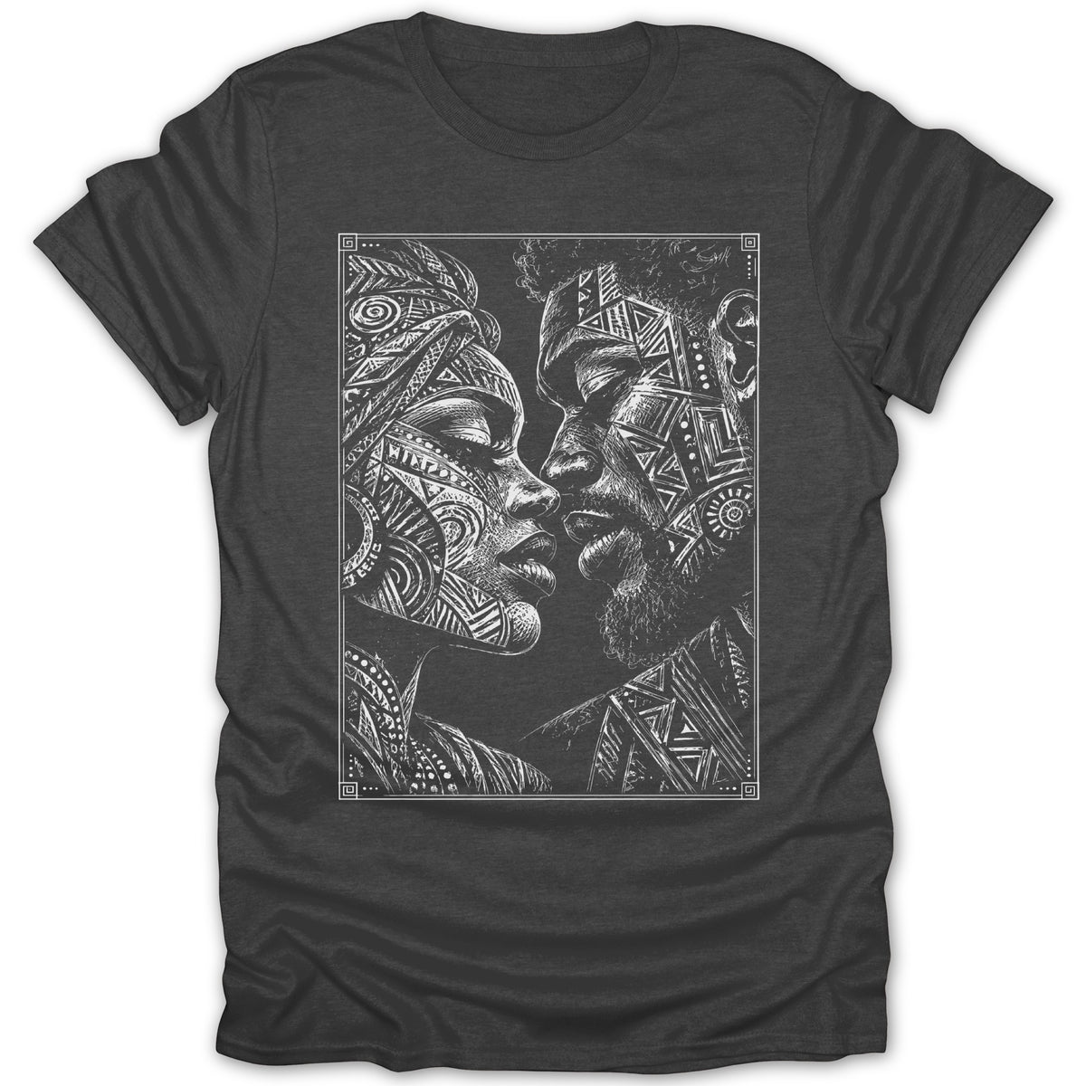 Black t-shirt with a white line drawing of a couple's faces adorned with geometric patterns.
