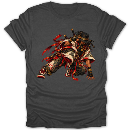 Man in samurai-inspired attire with swords and red ribbons, crouching on a dark t-shirt.