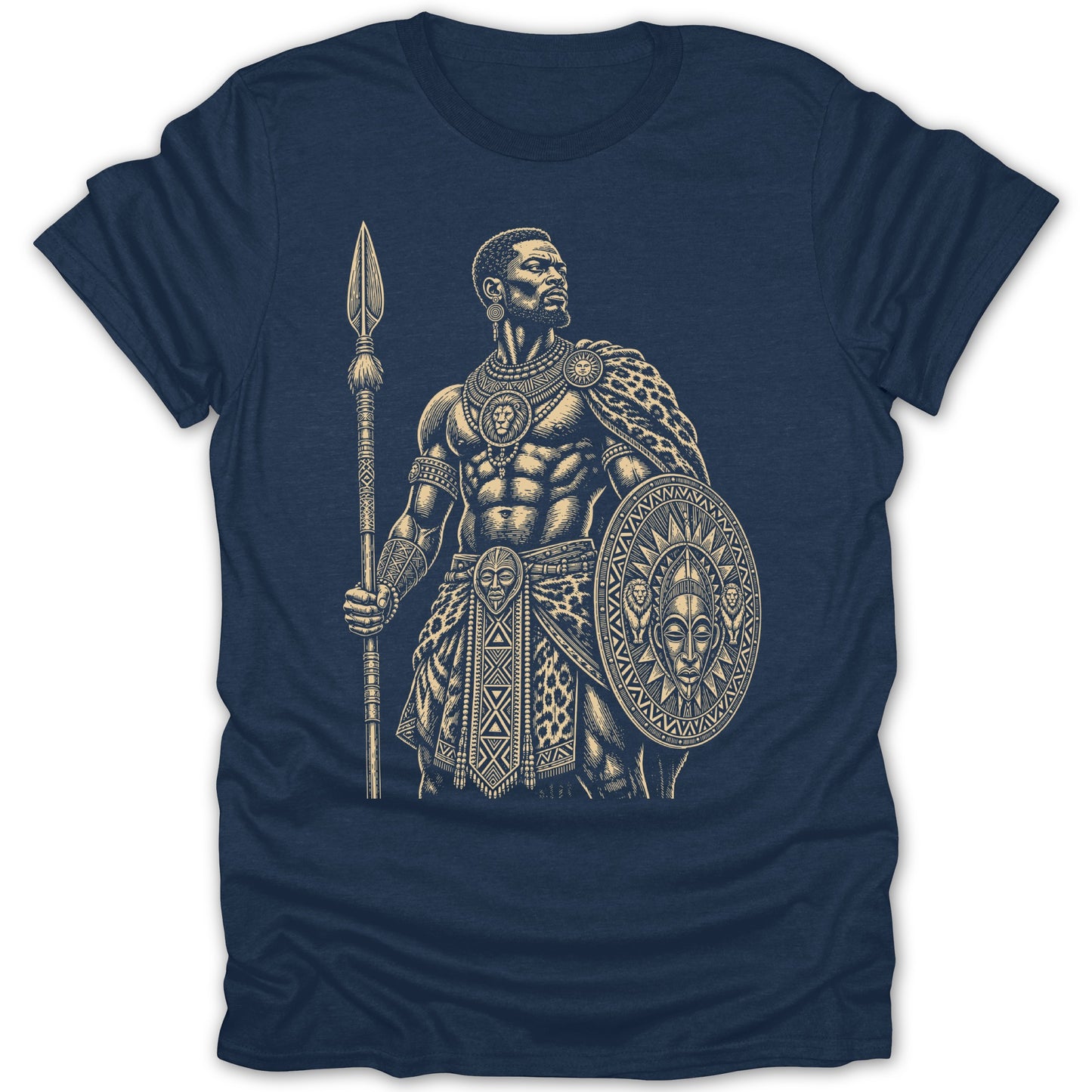 T-shirt with tan illustration of a warrior holding a spear and shield.
