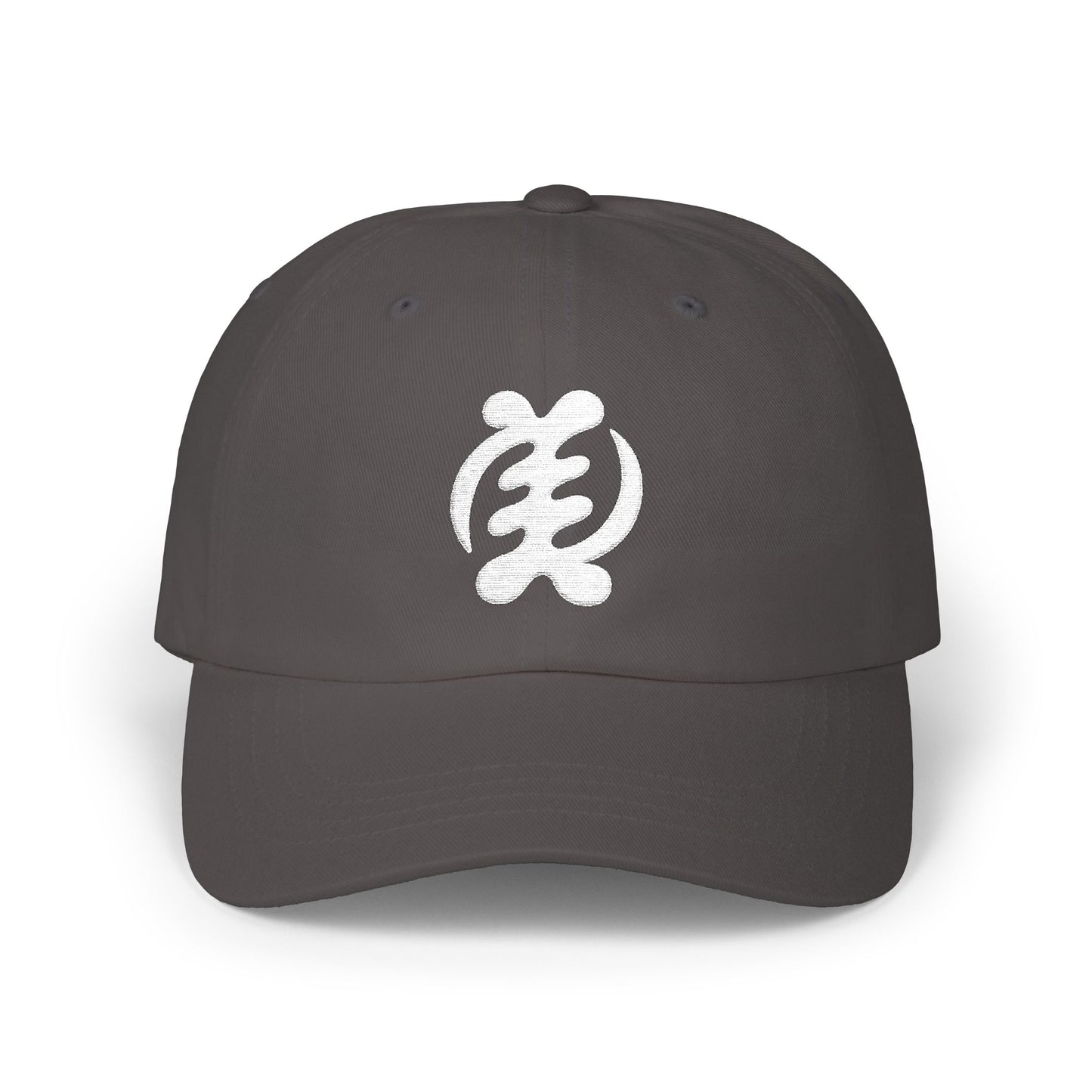 Dark grey baseball cap with white Sankofa symbol embroidered on the front.