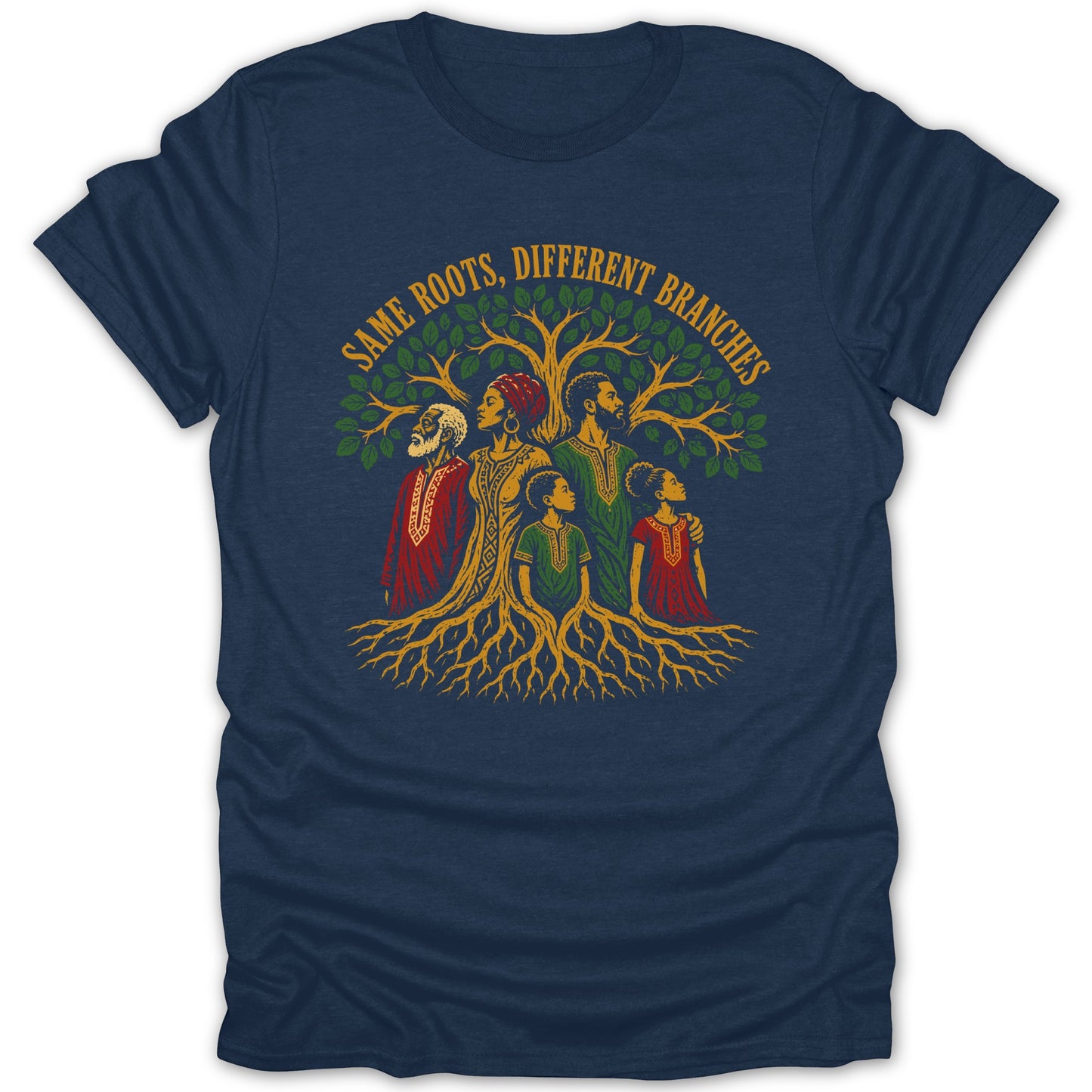 T-shirt with a graphic of a family tree and the text "Same Roots, Different Branches".
