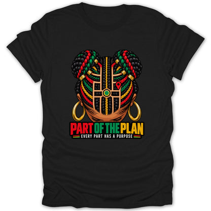 Black t-shirt with a graphic of a woman's head with braided hair and text.