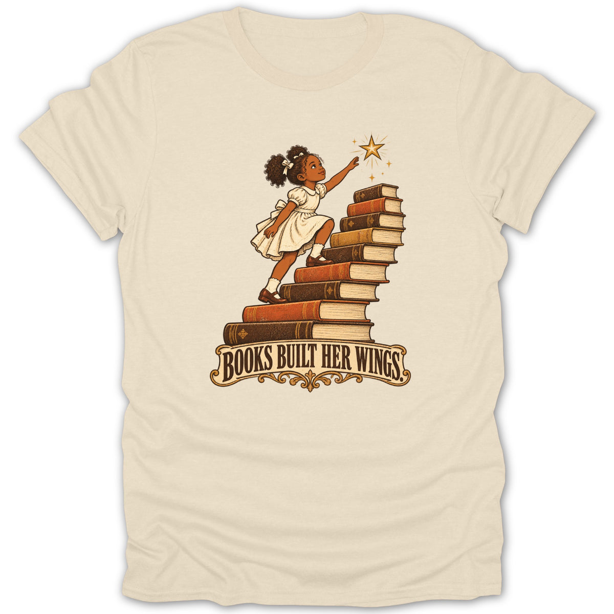 Girl climbing book stairs reaching for star with text "BOOKS BUILT HER WINGS!"