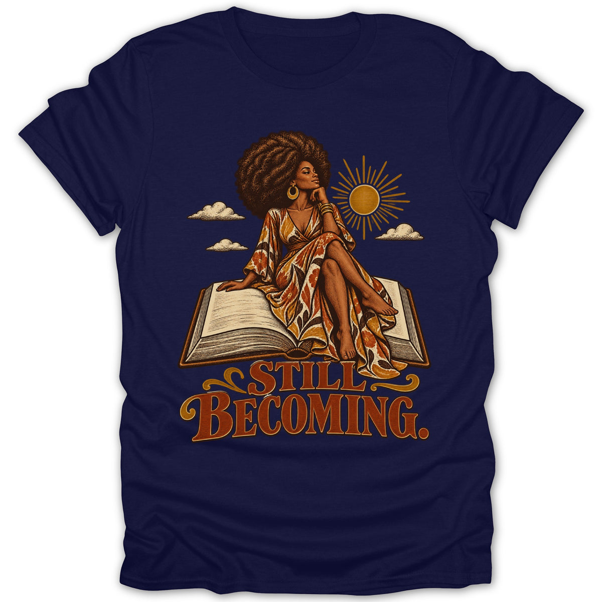 Illustration of a Black woman sitting on an open book, with sun and clouds.