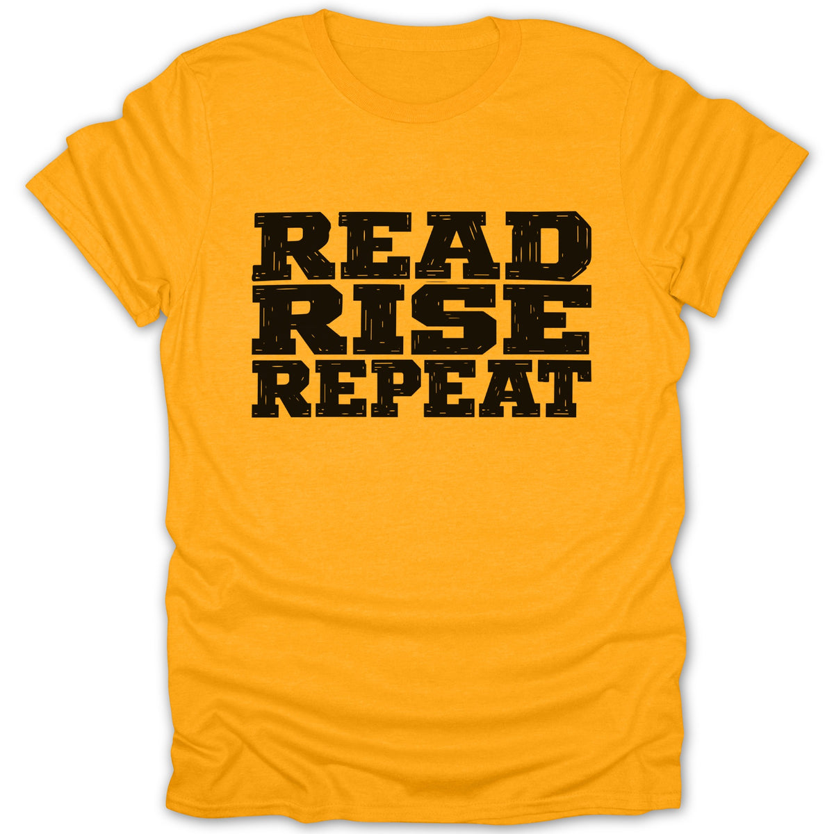 Yellow t-shirt with black text that reads "READ RISE REPEAT".