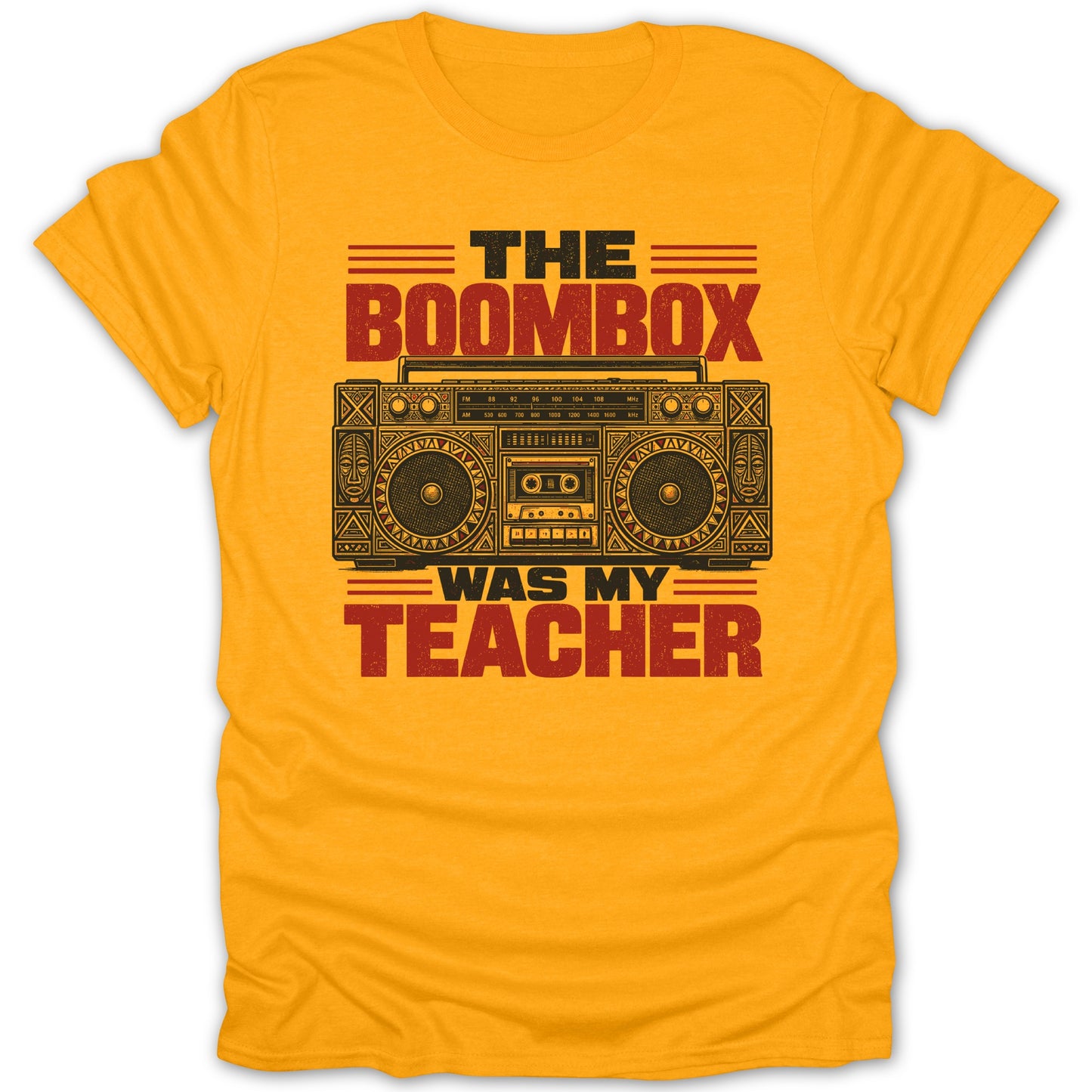 Yellow t-shirt with "The Boombox Was My Teacher" text and boombox graphic.