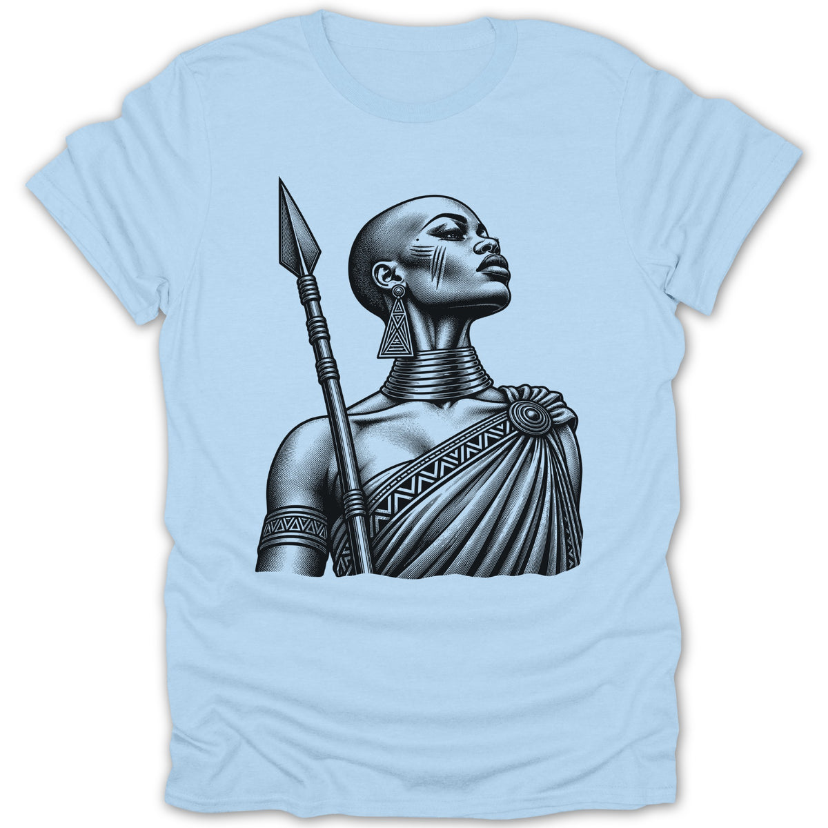 Black and white illustration of a woman with a spear and tribal markings on a light blue t-shirt.