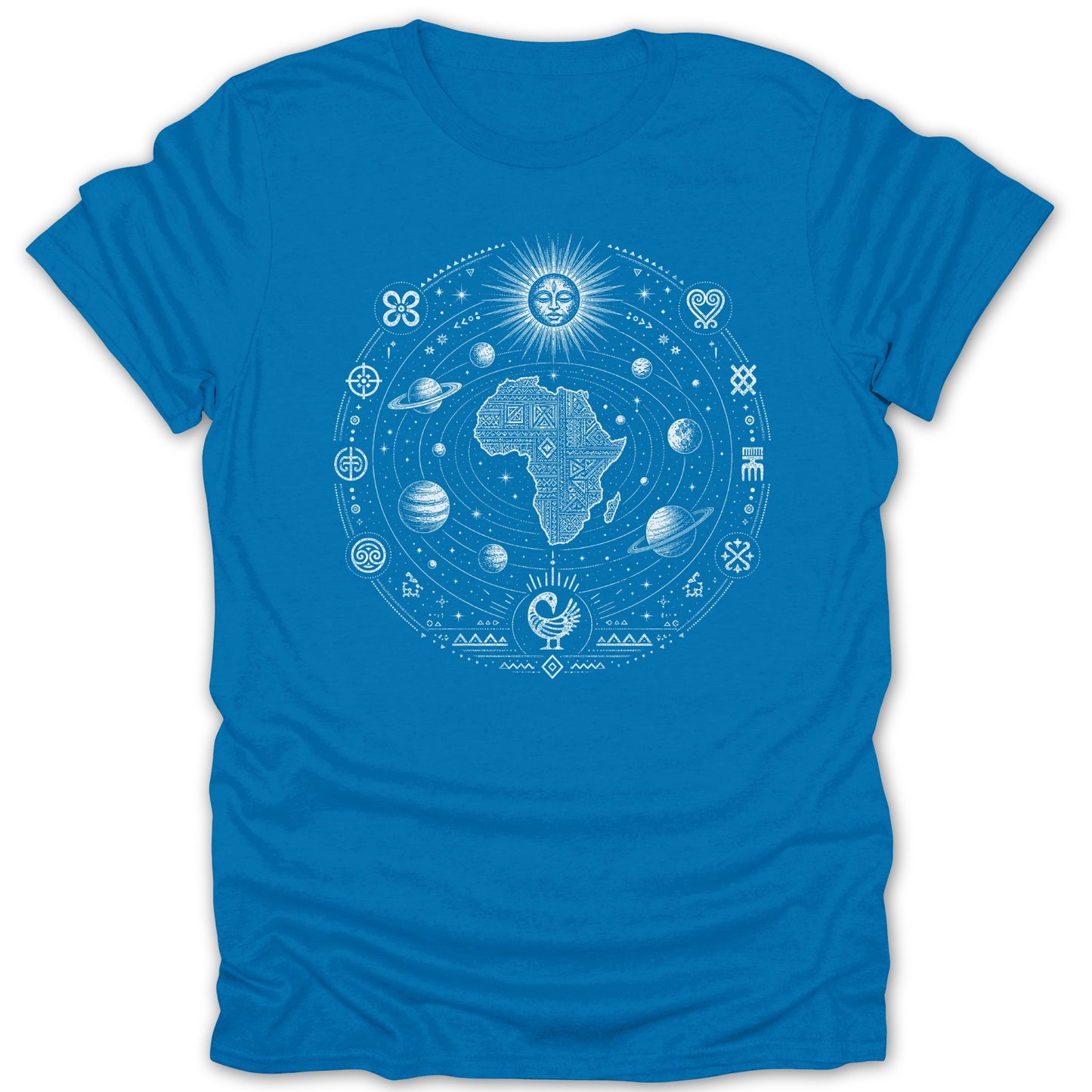 Blue t-shirt with white circular graphic featuring Africa, planets, sun, and Adinkra symbols.