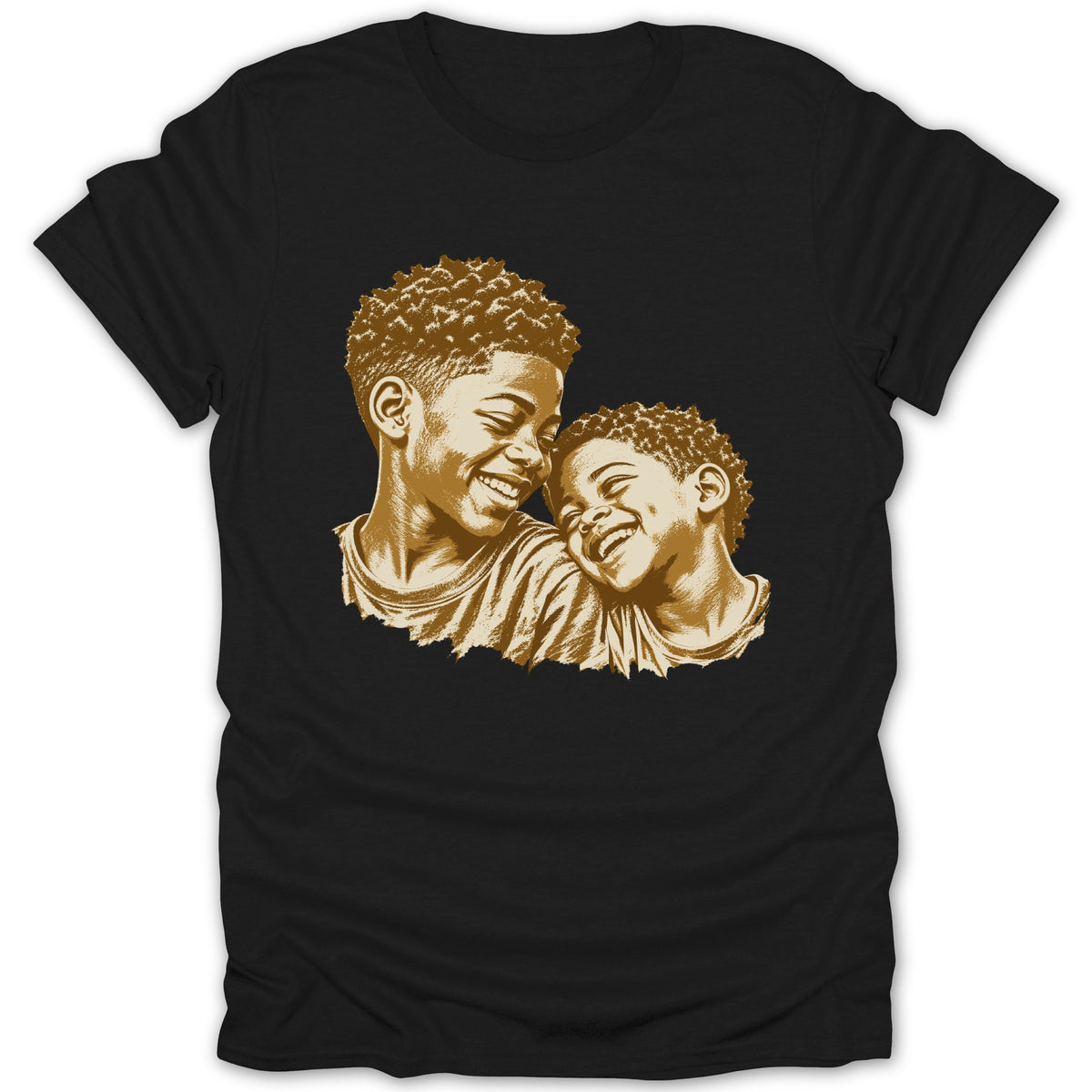 Black t-shirt featuring a golden sketch of two brothers embracing and smiling.