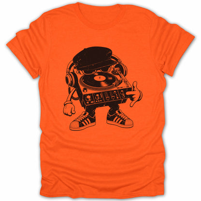 Turntable character with headphones, sunglasses, cap, and sneakers on orange t-shirt.