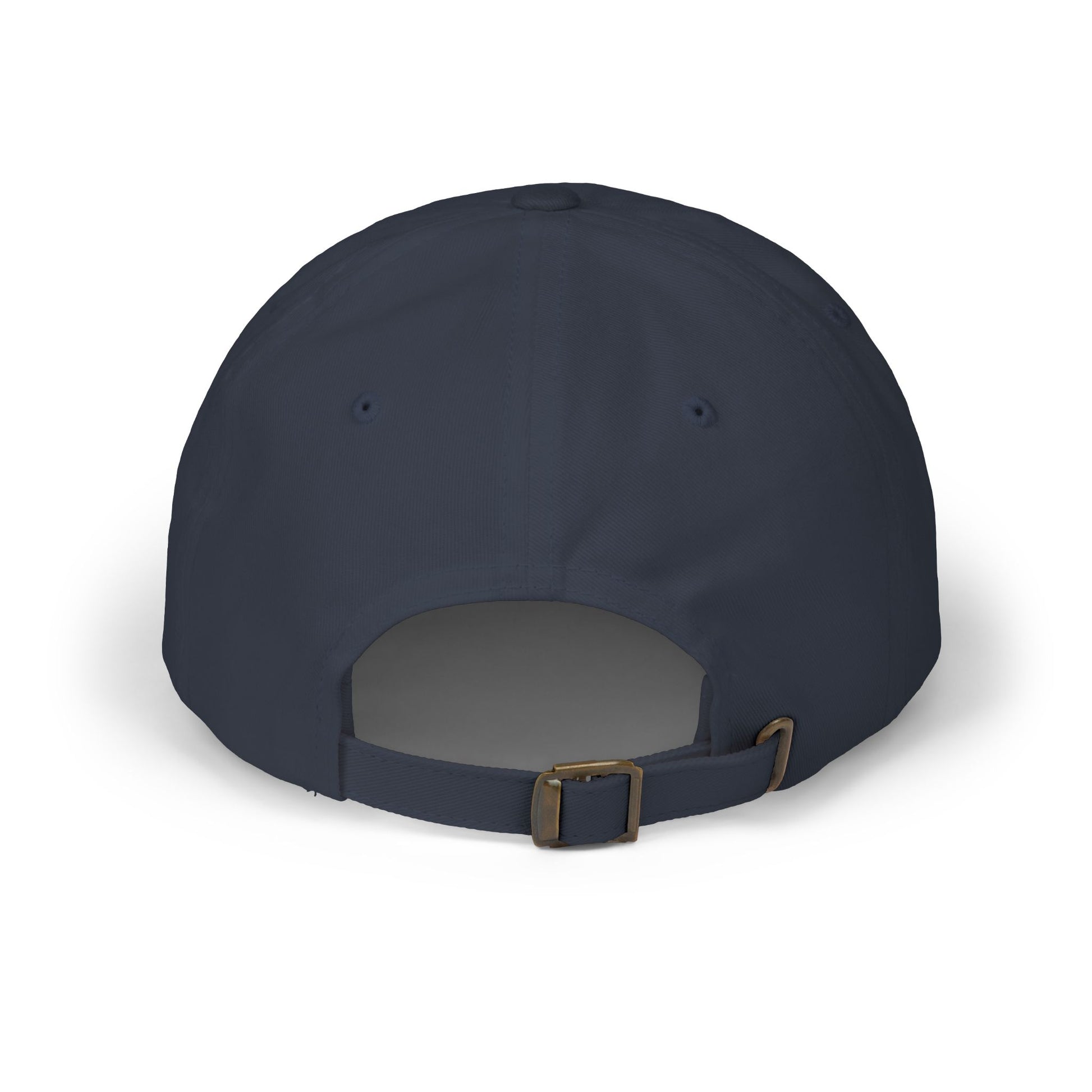 Navy blue baseball cap with adjustable strap and brass buckle, back view.
