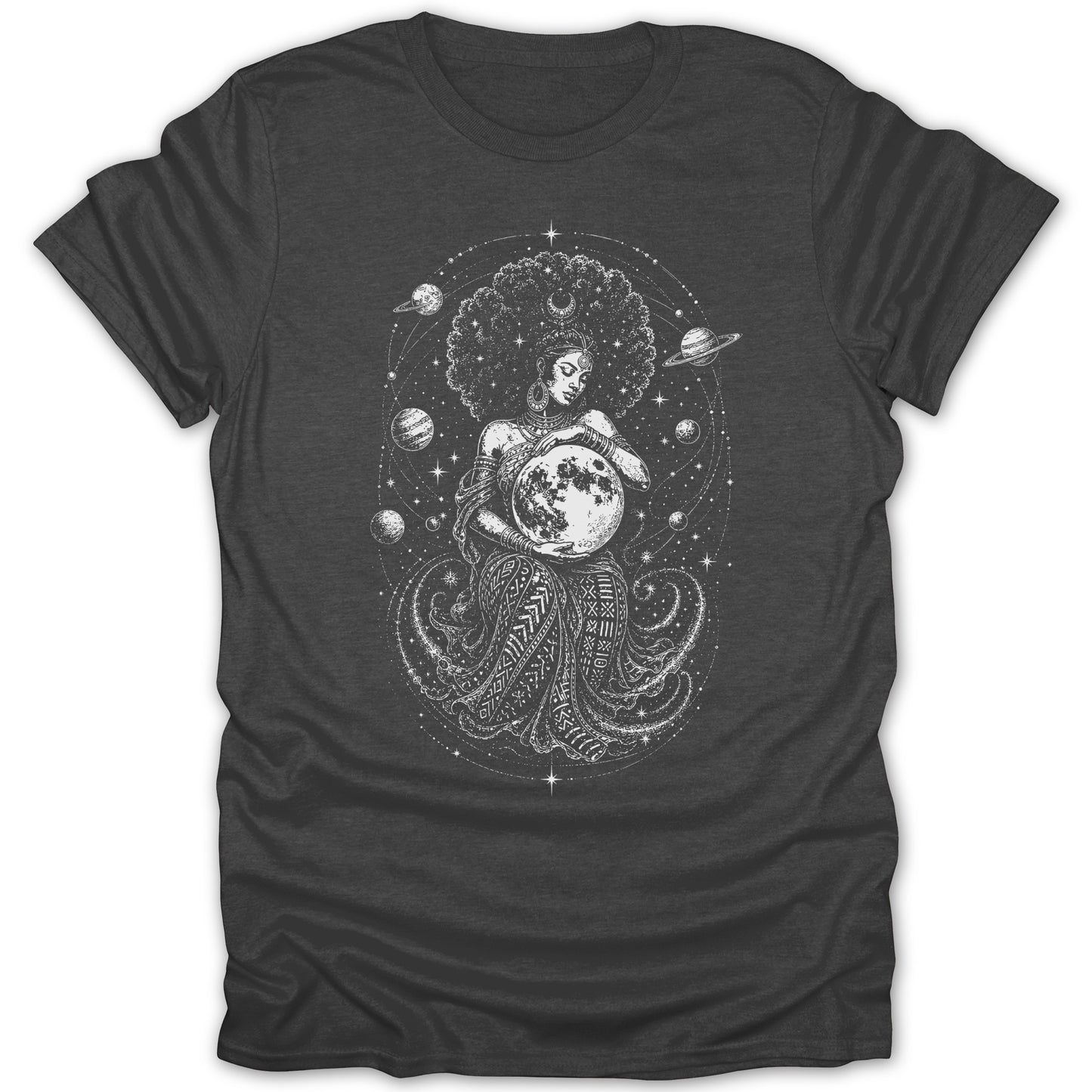 Black t-shirt with a white graphic of a woman holding the moon surrounded by planets and stars.
