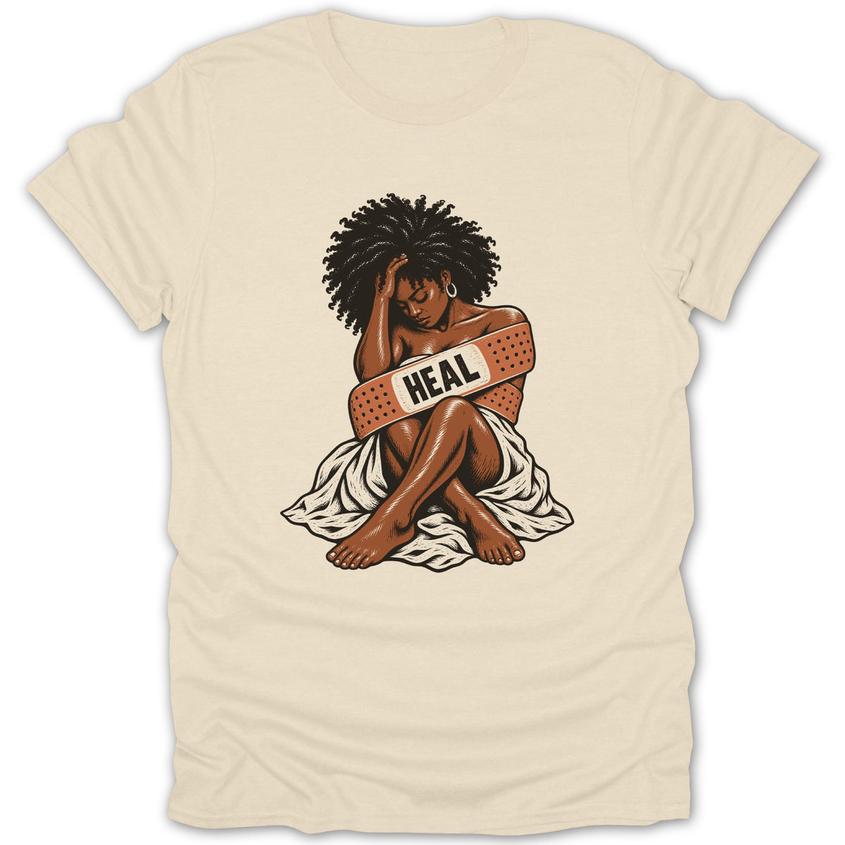 Woman with afro and band-aid reading "HEAL" across her chest.