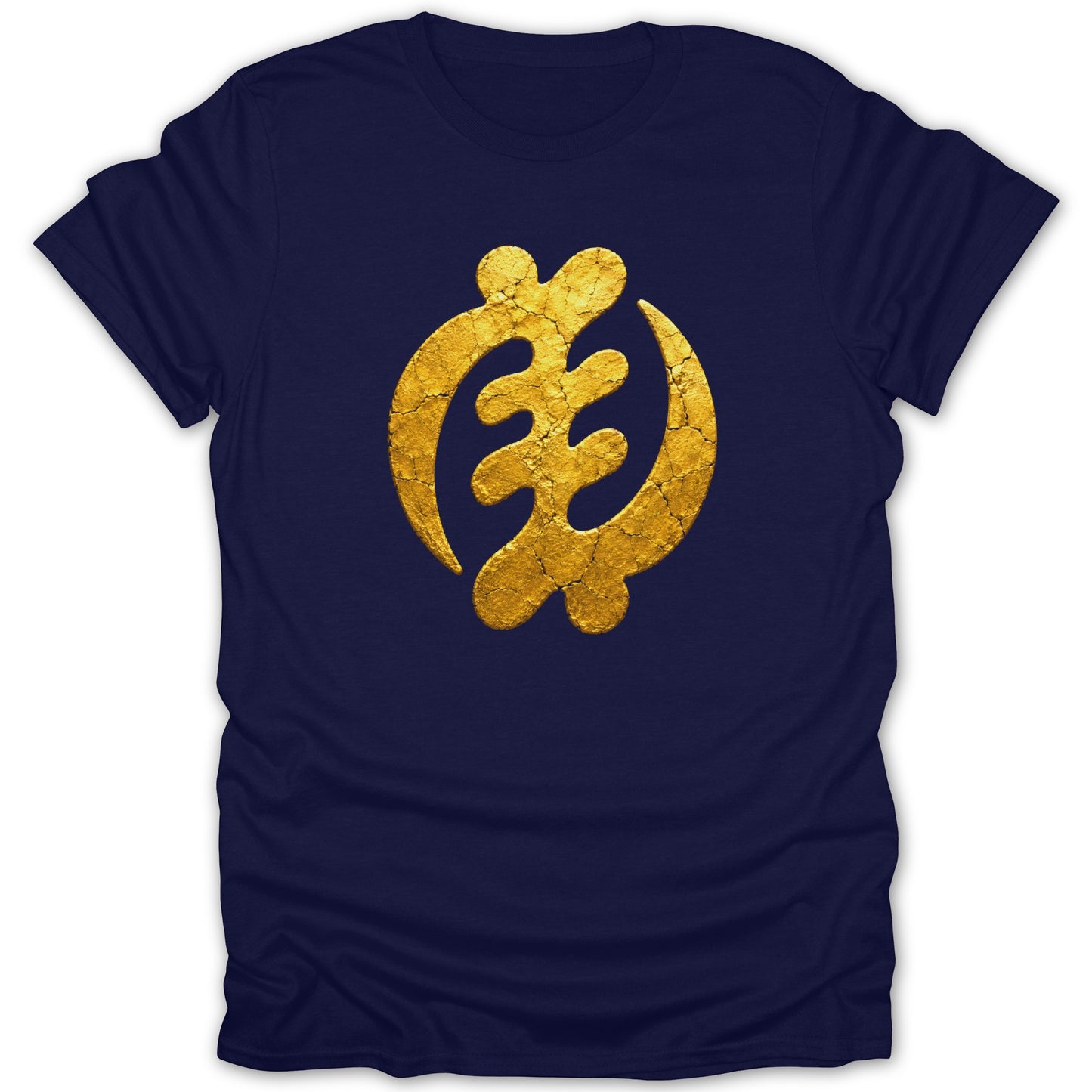 Navy t-shirt with a cracked gold Adinkra symbol Gye Nyame on the front.
