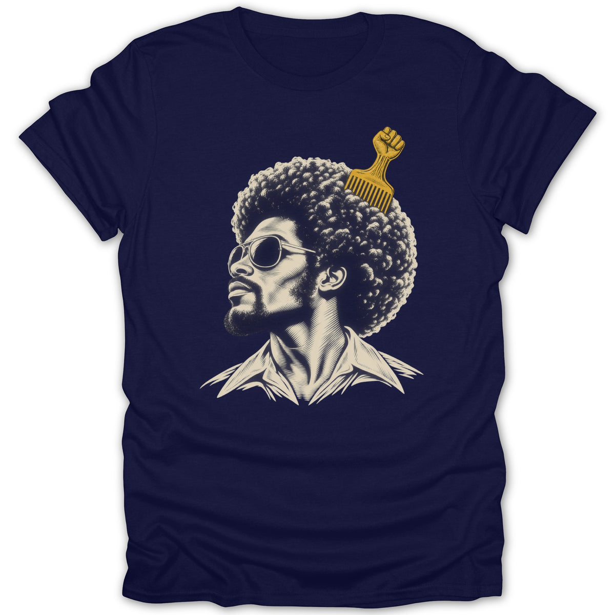 A navy blue t-shirt printed with a vintage-style graphic of a Black man with an afro and a gold pick comb.