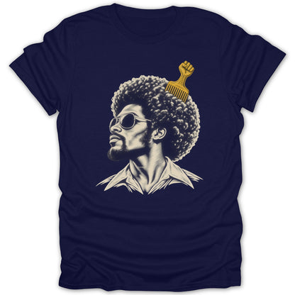 A navy blue t-shirt printed with a vintage-style graphic of a Black man with an afro and a gold pick comb.