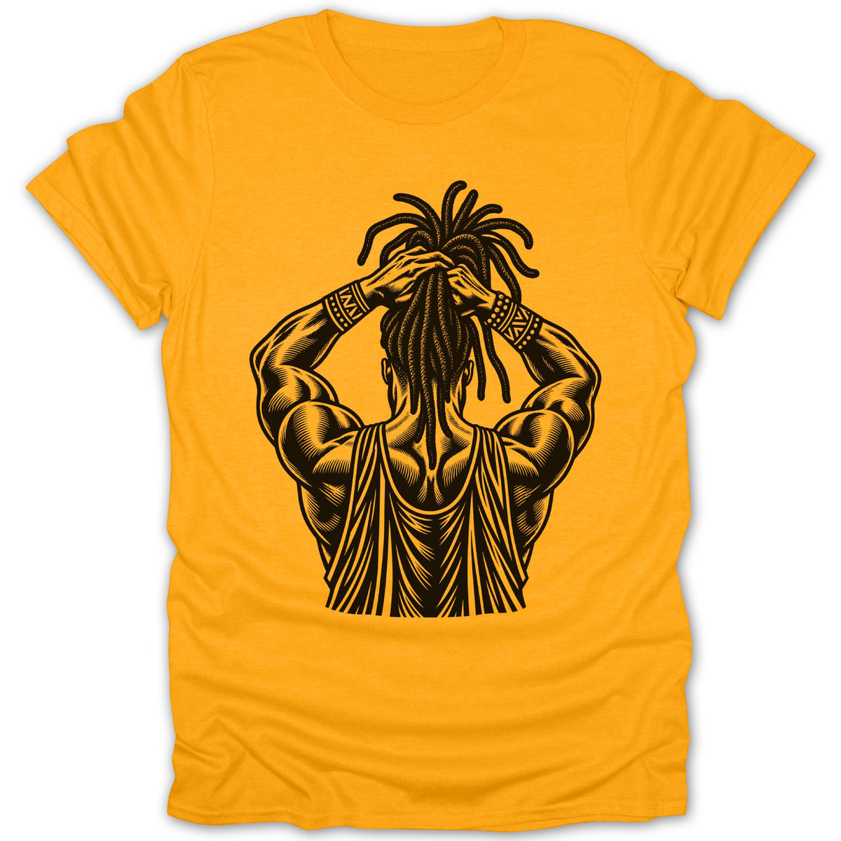 Black illustration of a muscular man with dreadlocks on a yellow t-shirt.