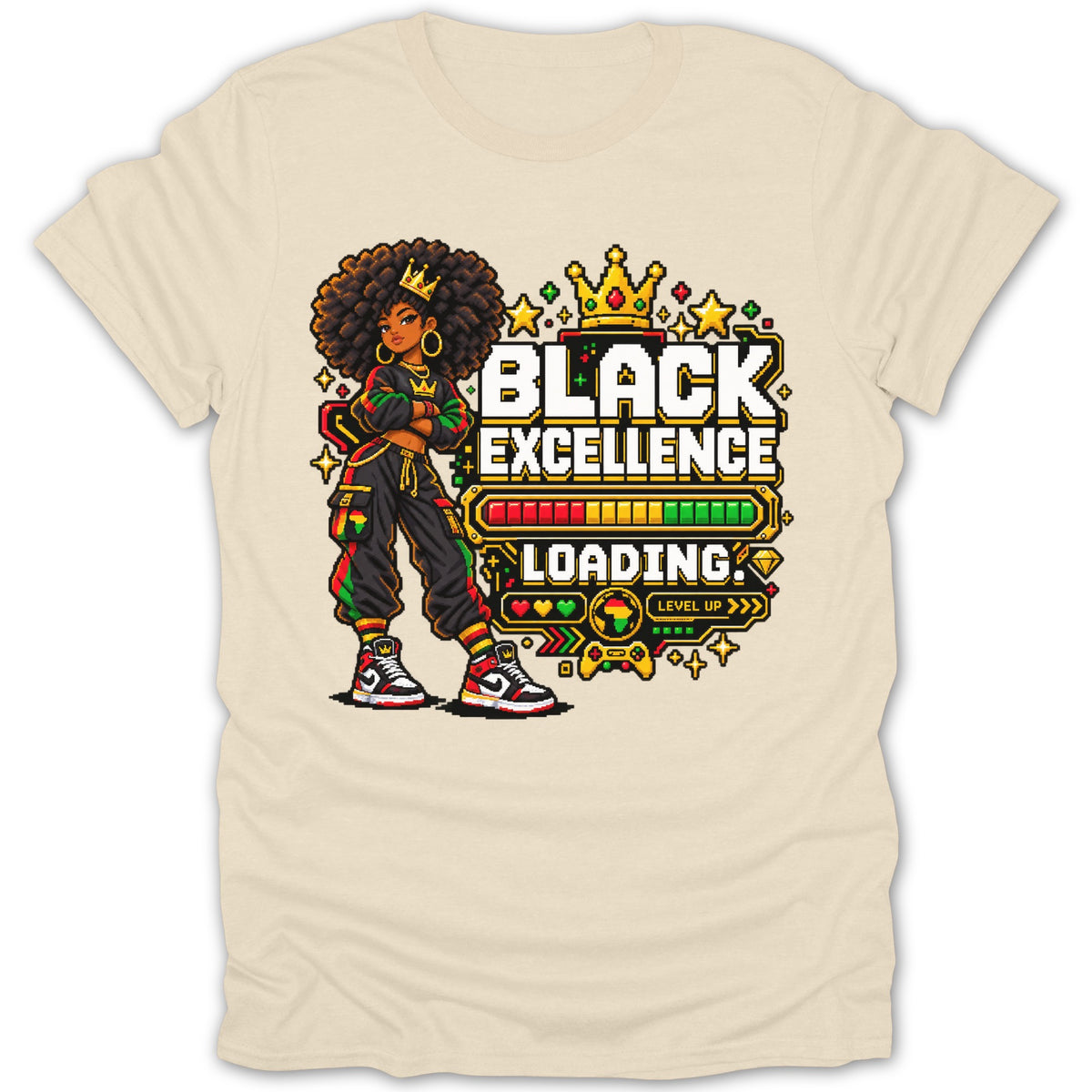 Pixel art of a crowned Black girl with arms crossed, "Black Excellence Loading" text, and game elements.