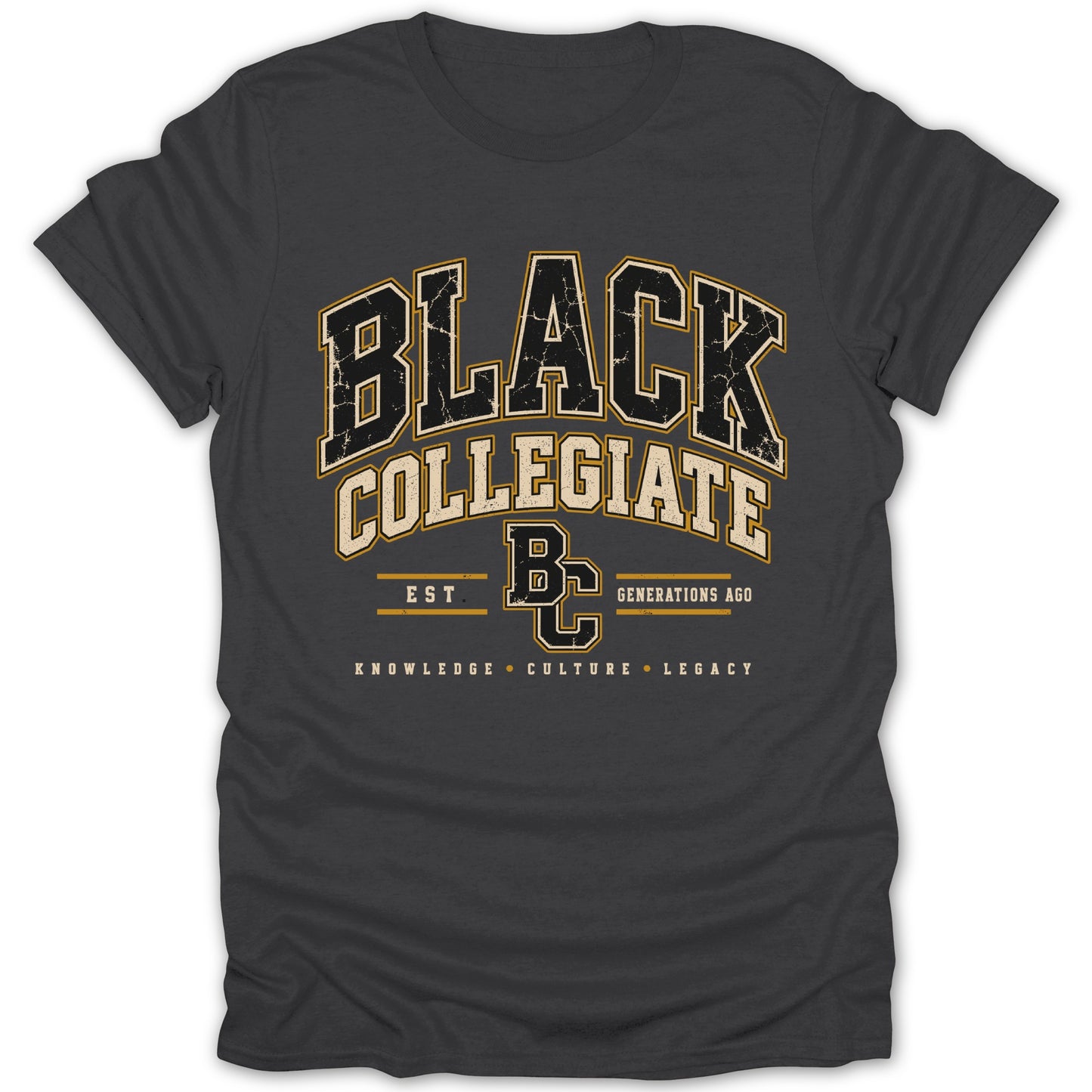 Dark grey t-shirt with "BLACK COLLEGIATE" text and "BC" logo.