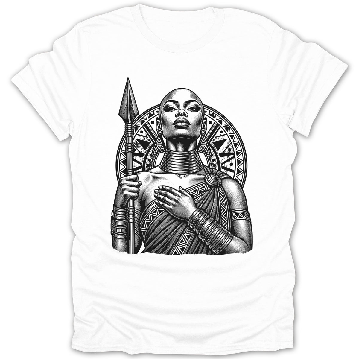 Black and white illustration of a warrior woman holding a spear with a patterned background.