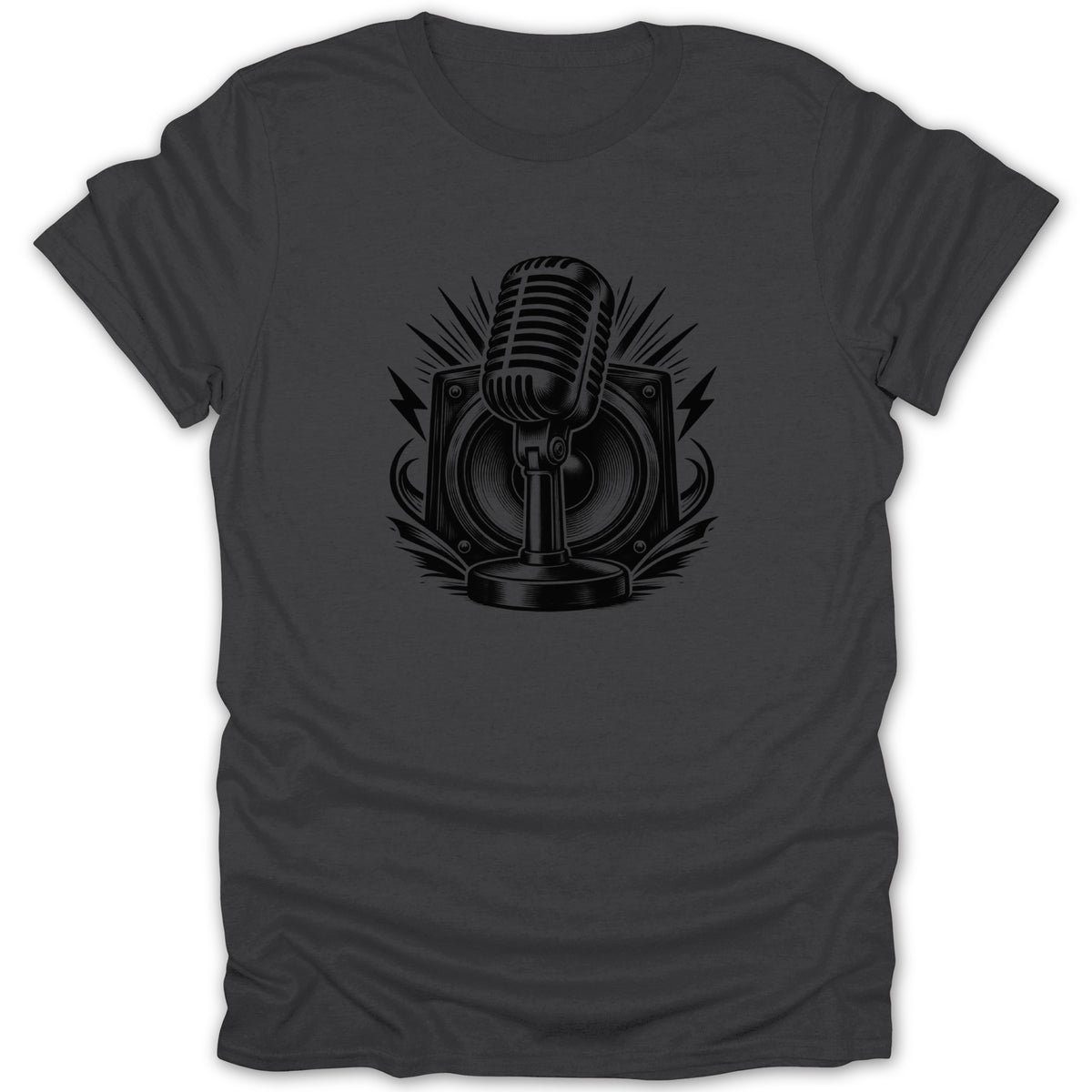 Black graphic of a vintage microphone in front of a speaker with lightning bolts.