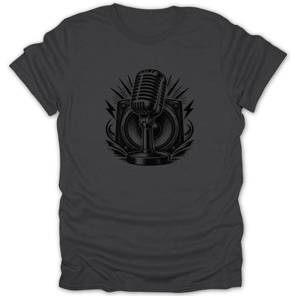 Black graphic of a vintage microphone in front of a speaker with lightning bolts.