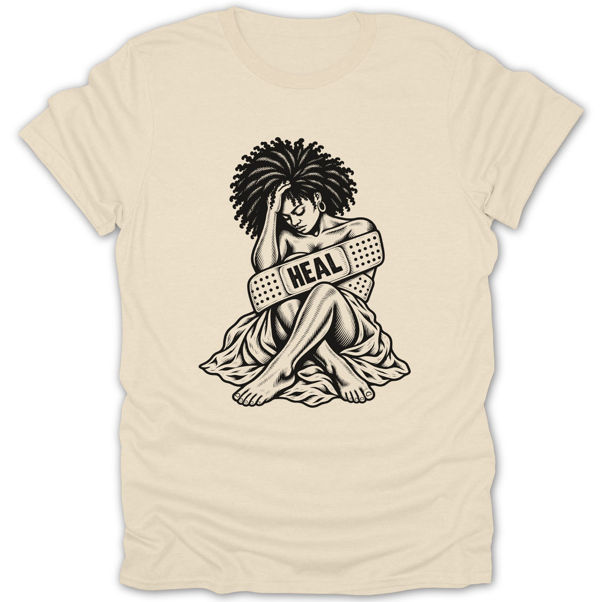 Illustration of a woman with bandages and the word "Heal" on a t-shirt.