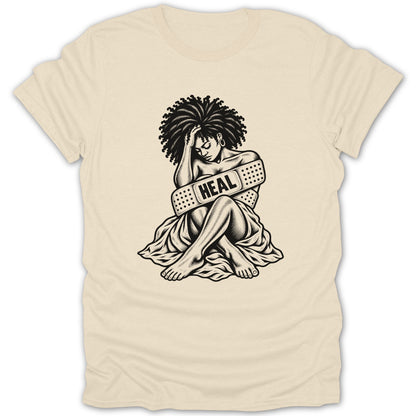 Illustration of a woman with bandages and the word "Heal" on a t-shirt.