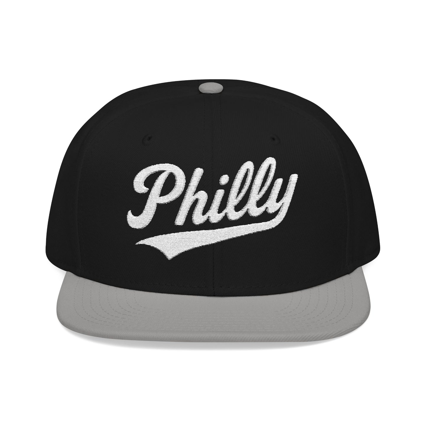 Black and gray baseball cap with white "Philly" script embroidery.